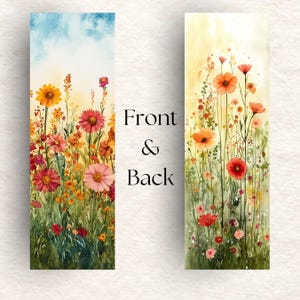 May include: A watercolor painting of a field of wildflowers in shades of pink, orange, and yellow. The flowers are arranged in a vertical line, with the tallest flowers at the top of the image. The background is a soft blue and yellow.