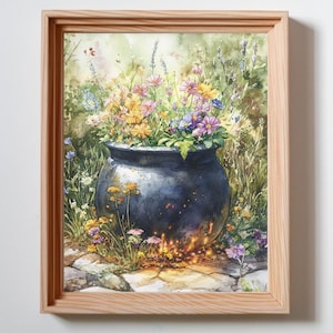 Witch’s Garden Cauldron, Enchanted Flower Pot Art, Spell Cauldron, Mystical Garden Scene, Magical Florals, Watercolor Print, Original Art