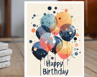 May include: A birthday card with a watercolor illustration of colorful balloons with a white background and the text "Happy Birthday".