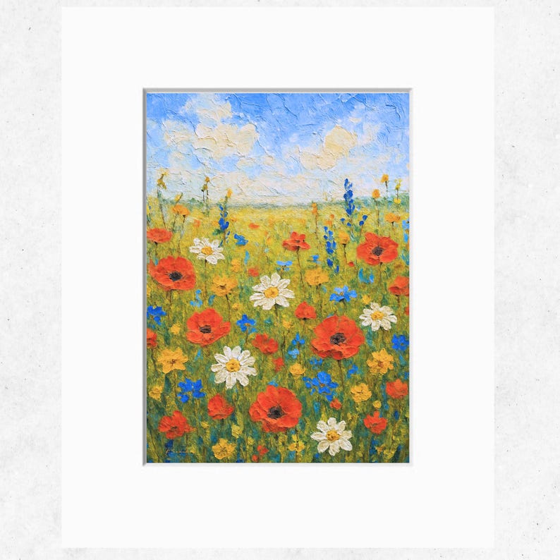 Impression d'art champ de fleurs sauvages, paysage floral acrylique, décoration murale nature colorée, oeuvre d'art fleurs d'été, impression d'art originale de haute qualité image 3