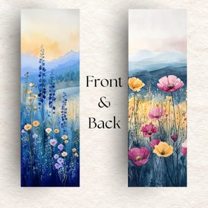 Marcapáginas de flores silvestres de montaña en acuarela, diseño floral azul y dorado, regalo para amantes de los libros, ilustración botánica, marcapáginas hecho a mano en acuarela.