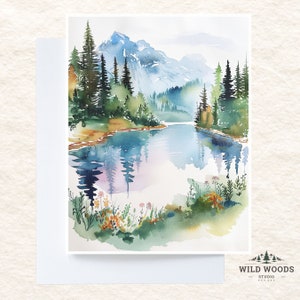 Watercolor Blue Mountain Lake Scene, Forest Reflections Card, Note Card Greeting, Thank You, All Occasion, Birthday Card, Invitations image 2