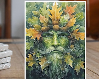 May include: A watercolor painting of a green man with a crown of autumn leaves. His face is weathered and his beard is long and flowing. The leaves are a mix of green, yellow, and orange.