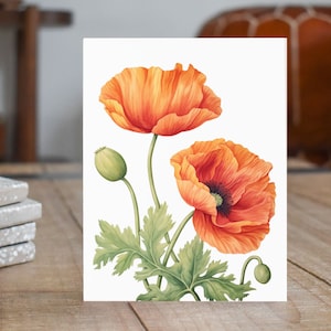 May include: A watercolor painting of two orange poppies with green leaves and stems on a white background.