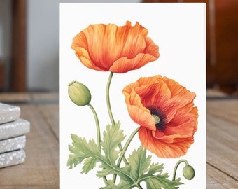 May include: A watercolor painting of two orange poppies with green leaves and stems on a white background.