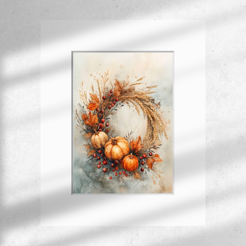 Wheat and Pumpkin Wreath Art Print, Fall Harvest Wall Decor, Rustic