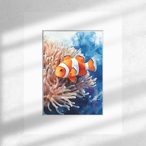 Clownfish and Sea Anemone Art Print, Watercolor Ocean Scene, Marine ...
