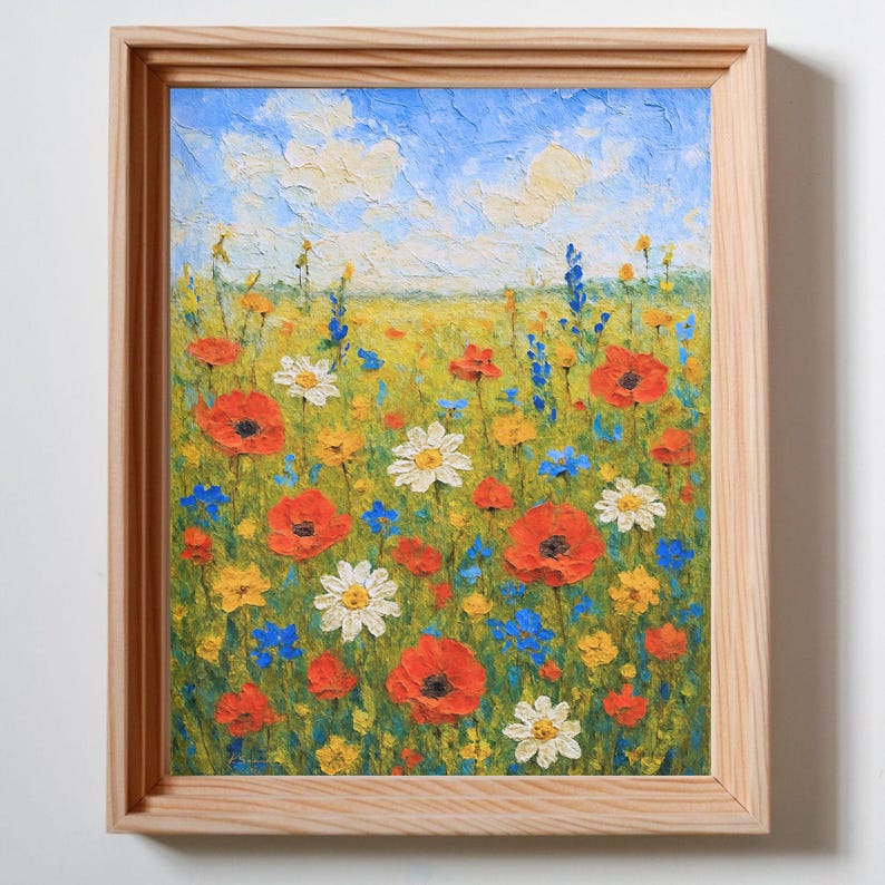 Impression d'art champ de fleurs sauvages, paysage floral acrylique, décoration murale nature colorée, oeuvre d'art fleurs d'été, impression d'art originale de haute qualité image 1