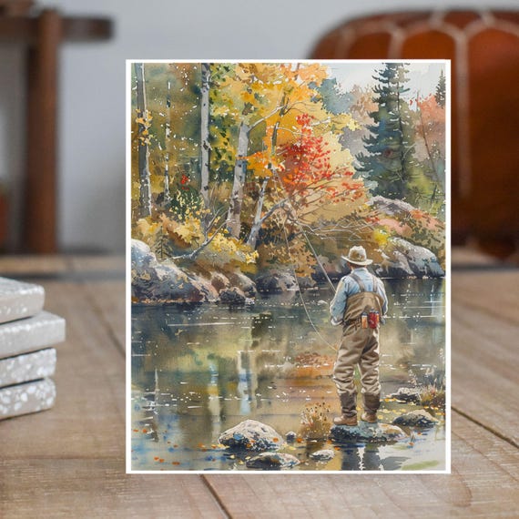 Fly Fishing Greeting Card, Autumn River Scene, Fisherman in Nature, Watercolor Card Note Card, Thank You,Birthday Card, Invitations