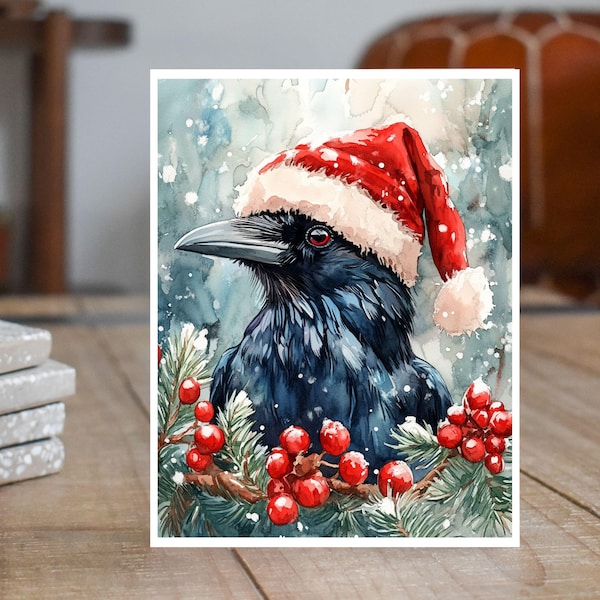 Watercolor Holiday Raven Card, Christmas Raven Greeting, Festive Winter Bird Art, Handmade Holiday Card, Watercolor Greeting Card