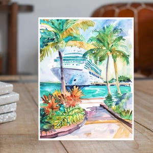 May include: Watercolor painting of a cruise ship docked at a tropical island. The ship is white with green accents and is partially obscured by palm trees. The water is blue and the sky is a light blue with white clouds.