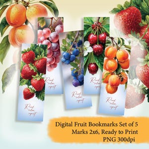 Watercolor Fruit Bookmarks Set, Strawberry Cherry Blueberry Apricot Grape (Digital Download)