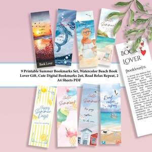 May include: A set of nine rectangular bookmarks featuring watercolour illustrations of summer beach scenes, ice cream, and ocean life. Each bookmark includes text such as Hello Summer, Read Relax Repeat, and Book Lover, with vibrant colours and artistic designs.