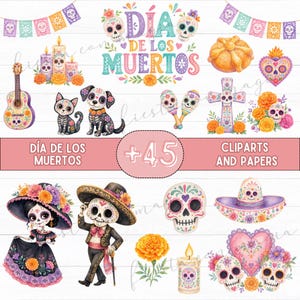 Könnte beinhalten: Eine Sammlung von Dia de los Muertos Cliparts mit Zuckerschädeln, Studentenblumen, einer Gitarre, einer Katze, einem Hund, Kerzen, einem Kreuz, einem Herz, Sombreros und zwei Skelettfiguren, inklusive dem Text Dia de los Muertos und +45 cliparts and papers.