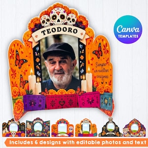 May include: A decorative Day of the Dead memorial frame featuring a central photo of an older man, the name TEODORO, orange marigold flowers, monarch butterflies, lit candles, and the Spanish text Siempre en nuestros corazones on a vibrant background.
