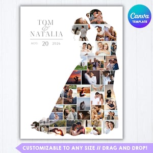 Puede incluir: Una plantilla de collage de fotos rectangular blanca que presenta la silueta de una pareja rellena con varias fotografías personales. El texto dice TOM & NATALIA AUG 20 2026. El diseño incluye una insignia circular de plantilla Canva arriba a la derecha.
