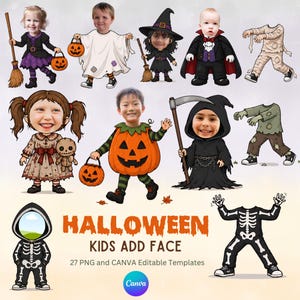 Puede incluir: Una colección de ilustraciones digitales con temática de Halloween que incluye varios personajes como una bruja, fantasma, vampiro, momia, calabaza, parca y esqueleto. El texto dice HALLOWEEN KIDS ADD FACE 27 PNG and CANVA Editable Templates.