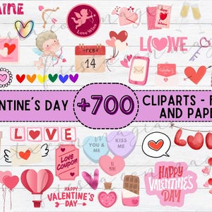 Könnte beinhalten: Eine Sammlung von über 700 Valentinstags-Clipart-Bildern, Schriftarten und Papieren. Die Bilder beinhalten Herzen, Pfeile, Schlüssel und andere romantische Symbole in Rosa, Rot und Weiß.