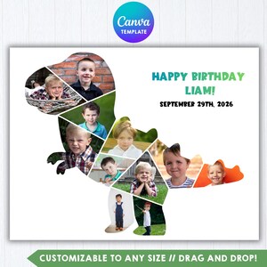 Puede incluir: Una plantilla de collage de fotos personalizable con forma de silueta de dinosaurio. El diseño cuenta con múltiples espacios para fotos de un niño, con el texto HAPPY BIRTHDAY LIAM! SEPTEMBER 29TH, 2026 impreso en verde y negro sobre fondo blanco.