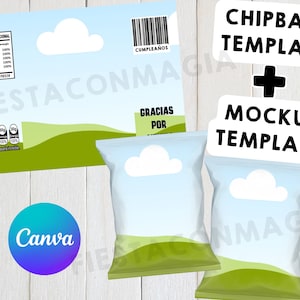 May include: A printable chip bag template with a blue sky, white clouds, and green grass design. The template includes the text "Chipbag Template" and "Mockup Template".
