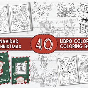 Puede incluir: Una colección de libros para colorear con temática navideña. La imagen muestra varios libros abiertos con ilustraciones en blanco y negro de Papá Noel, muñecos de nieve y otros elementos festivos. El texto incluye "Navidad Christmas" y "40 Libro Colorear Coloring Book".