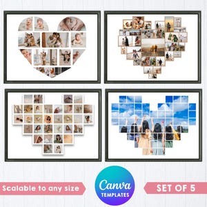 Puede incluir: Un conjunto de cuatro plantillas de collage de fotos digitales dispuestas en formas de corazón, con varios marcos rectangulares y cuadrados para mostrar imágenes. Las plantillas se presentan dentro de marcos oscuros sobre un fondo blanco con texto.