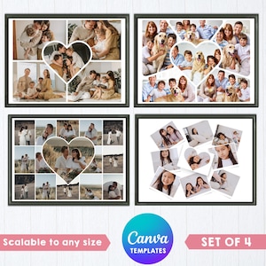 Puede incluir: Un conjunto de cuatro plantillas digitales de collage fotográfico con varios diseños de cuadrícula, incluyendo marcos rectangulares y elementos centrales en forma de corazón. Las plantillas muestran fotos familiares y el texto Canva TEMPLATES SET OF 4.