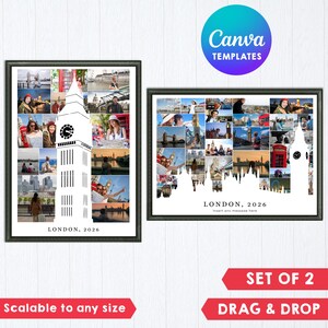 Puede incluir: Dos plantillas de collage de fotos enmarcadas con una silueta blanca de la torre del reloj Big Ben y el horizonte de Londres. Los diseños incluyen múltiples espacios rectangulares para fotos, el texto LONDON, 2026 y un espacio para mensajes.