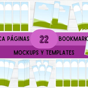 Puede incluir: Un conjunto de 22 plantillas imprimibles de marcapáginas y marcadores de página. El diseño presenta un cielo azul con nubes blancas y un campo de hierba verde. El texto "MARCA PÁGINAS" y "BOOKMARK" está incluido en la imagen.