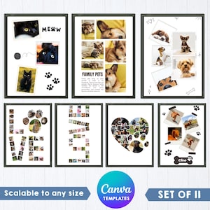 May include: A set of seven digital templates for pet photo collages, featuring various layouts with frames, paw print graphics, and text elements like MEOW, FAMILY PETS, LOVE, and Cleo, presented in black frames against a white background.