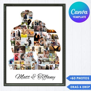 Couple Photo Collage Canva Template, Anniversary Personalized Gift, Custom Silhouette Photo Frame +60 Photos, DIY Lovers Gift Idea, Digital