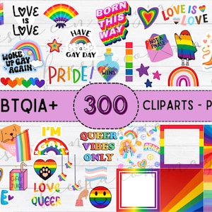 Puede incluir: Una colección de imágenes prediseñadas y papeles con temática LGBTQIA+. La imagen presenta varios diseños con arcoíris, corazones y textos como "Love is Love", "Pride" y "Born This Way". Incluye 300 imágenes prediseñadas.