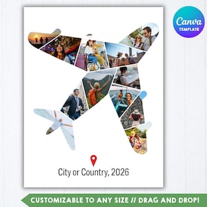 Puede incluir: Una plantilla de collage con forma de silueta de avión que presenta varias fotografías de viajes de personas en entornos al aire libre. Debajo del avión hay un icono de pin de ubicación rojo y el texto negro City or Country, 2026. Un círculo azul con texto Canva.