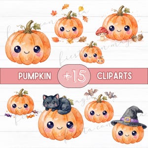 Puede incluir: Una colección de ilustraciones en acuarela que muestran calabazas naranjas con caras sonrientes, un gato negro, un hongo rojo, bellotas, murciélagos y un sombrero de bruja. El texto central dice PUMPKIN + 15 CLIPARTS en una banda rosa.