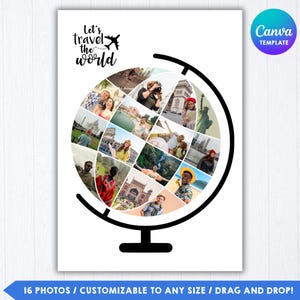 Puede incluir: Una plantilla digital con un contorno de globo terráqueo negro que contiene dieciséis espacios para fotos. El texto Let's travel the world está impreso en letra cursiva negra sobre el globo. Un pequeño icono de avión sigue una línea punteada.