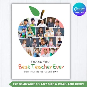 Teacher Appreciation Gift Canva Template, Apple Shape Collage, End of Year Class Picture Frame, Thank You Teacher Poster, Digital Download