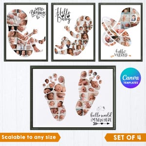 Puede incluir: Un conjunto de cuatro collages de fotos enmarcados con imágenes de bebés dispuestas en formas de feto, chupete y dos huellas de pies. Los diseños incluyen textos como Little Blessing, Hello Baby, Hello World y Hello World I'm New Here.