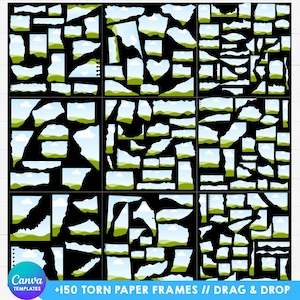 Puede incluir: Una colección de 150 marcos de papel rasgado con un gráfico de paisaje de colinas verdes bajo un cielo azul con nubes blancas. El conjunto está dispuesto en una cuadrícula sobre un fondo negro con el texto Canva TEMPLATES +150 TORN PAPER FRAMES // DRAG & DROP.