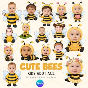 28 söta mallar för att lägga till ansikten med bin, redigerbara Canva-utklippta barnansikten, anpassad babyvimplar, utskrivbara gör-det-själv-ansikten, cupcake-dekorationer, digital nedladdning