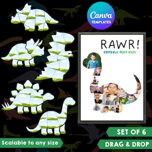Puede incluir: Un conjunto de plantillas digitales con seis marcos en forma de dinosaurio para collages de fotos. El diseño incluye una gran silueta de dinosaurio rellena con varias fotos de retrato, el texto RAWR! y EDITABLE TEXT HERE, además de cinco contornos adicionales.