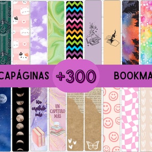 Puede incluir: Un conjunto de más de 300 marcapáginas coloridos con varios diseños, que incluyen Harry Potter, gatos, lunas, libros, corazones y caritas sonrientes. El texto "Marcapáginas +300 Bookmark" se muestra en la parte superior de la imagen.