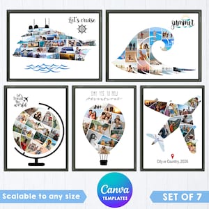 Puede incluir: Un conjunto de cinco cuadros de pared con collages de fotos en forma de crucero con el texto Let's cruise, una ola con summer, un globo terráqueo con Let's travel the world, un globo aerostático con Say yes to new adventures y un avión con City or Country, 2026.