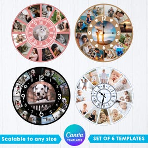 Custom Clock Photo Collage Canva Template, Bundle of 6 Wall Clock Frames, Custom Family Collage, Pet Picture Board, Digital Download