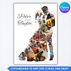 Puede incluir: Una plantilla de collage de fotos personalizable con los nombres Peter y Taylor en letra cursiva negra. El collage está dispuesto en la silueta de una pareja de pie, relleno con varias fotografías de personas en entornos al aire libre.