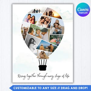 Puede incluir: Una plantilla de collage digital con forma de globo aerostático, que presenta varias fotografías familiares dispuestas dentro del contorno del globo. Debajo del globo hay un icono de cesta negra y el texto Rising together through every stage of life.