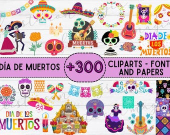 Op de afbeelding: Een verzameling van meer dan 300 Día de Muertos-clipart-afbeeldingen, lettertypen en papieren. De afbeeldingen bevatten kleurrijke schedels, bloemen en andere traditionele Mexicaanse afbeeldingen van de Dag van de Doden. De tekst "Día de los Muertos" is in verschillende afbeeldingen te zien.