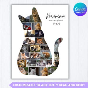 May include: A white poster featuring a cat-shaped photo collage containing twenty-one individual images of various cats. The text Marina and Purr-fectly loved is printed in black script and sans-serif font next to the cat silhouette.