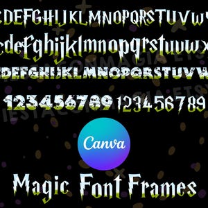 Puede incluir: Una fuente blanca con un fondo texturizado verde y blanco. La fuente incluye letras mayúsculas y minúsculas y números. El texto "Magic Font Frames" está en la parte inferior de la imagen. El logotipo de Canva está en el centro de la imagen.