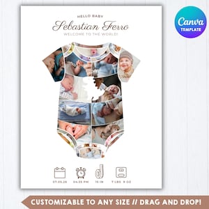 Puede incluir: Una plantilla blanca de anuncio de nacimiento con una forma central de body infantil rellena con un collage de fotos de bebés. El texto dice HELLO BABY, Sebastian Ferro y WELCOME TO THE WORLD. Los iconos inferiores muestran 07.05.26, 04:35, 38,1 cm y 3,43 kg.