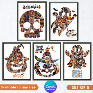 Puede incluir: Un conjunto de cinco plantillas de arte mural rectangulares con collages de fotos temáticos de Halloween. Los diseños incluyen una calavera, un fantasma, una calabaza, un sombrero de bruja sobre una calabaza y un fantasma con texto.
